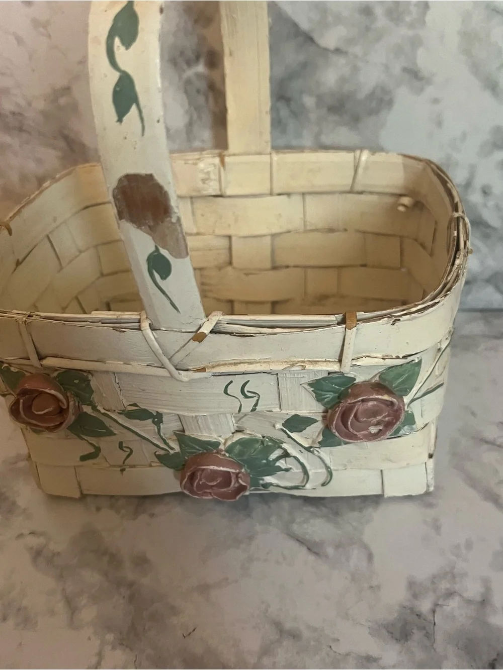 Vintage Cream Woven Basket with Pink Rose Accents